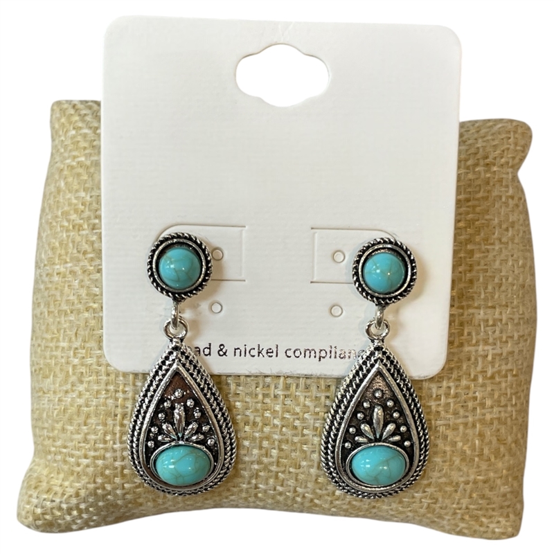 KE2361 SILVER TURQUOISE BEADED TEARDROP POST EARRINGS