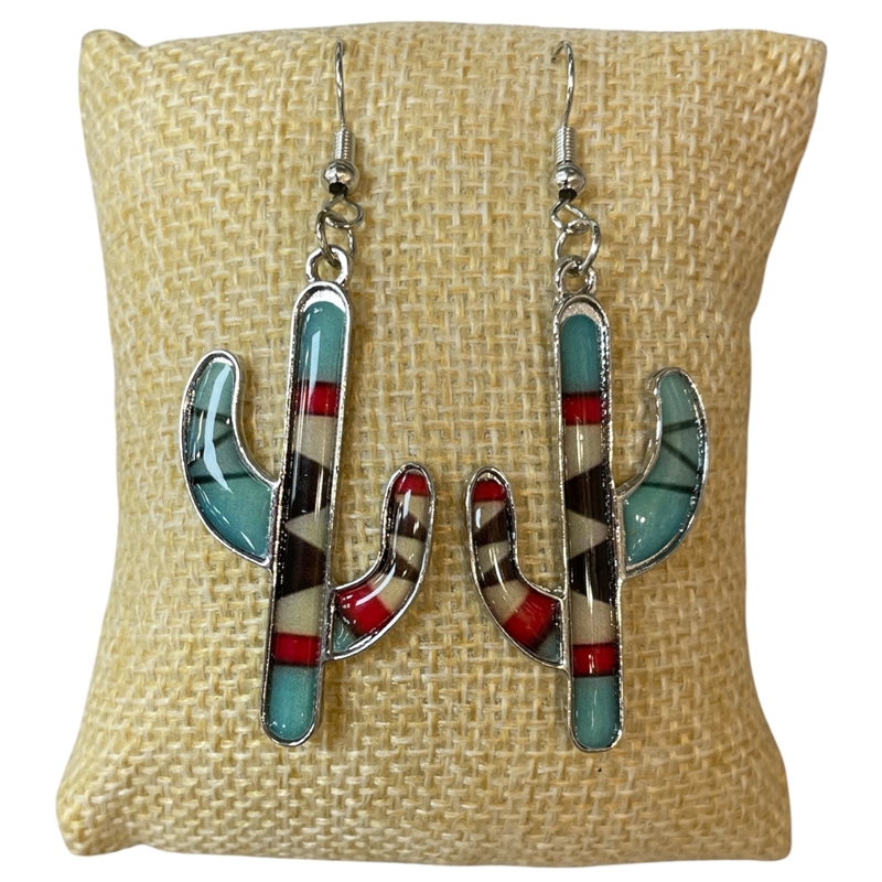 KE2398 SILVER TRIVAL PATTERN CACTUS DANGLE EARRINGS