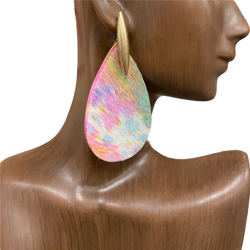 KE8265-1 MULTI COLOR HAIR ON HIDE GENUINE LEATHER TEARDROP EARRINGS