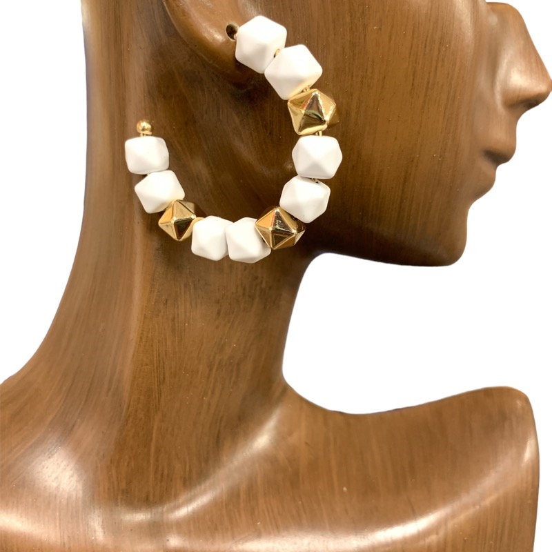 KE8635 SILICONE TWO TONE  BEADED OPEN HOOP EARRINGS