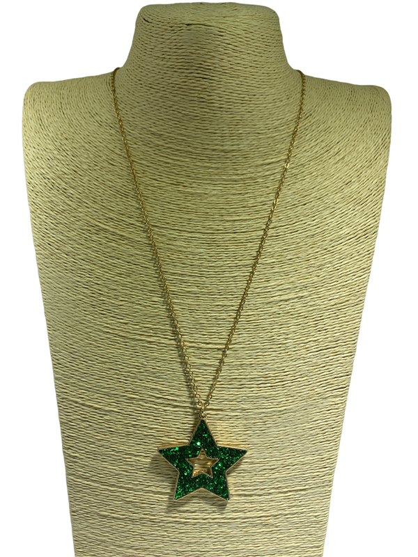 KN7589WGGR GREEN STAR LONG NECKLACE