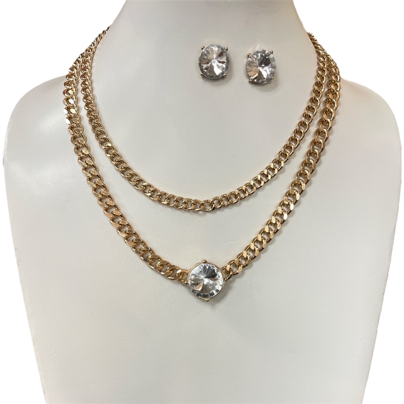 LJS7147 CHUNKY GOLD CHAIN CLEAR STONE IN CENTER  SET NECKLACE