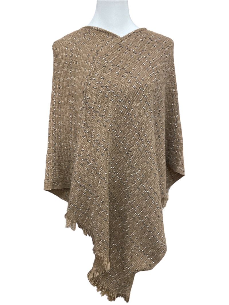 LOF1077  PATTERN TAUPE FRINGE PONCHO