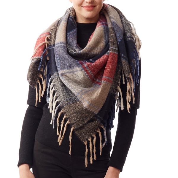 LOF1236-2 STITCHED BLACK MULTI COLOR SQUARE BLANKLET SCARF