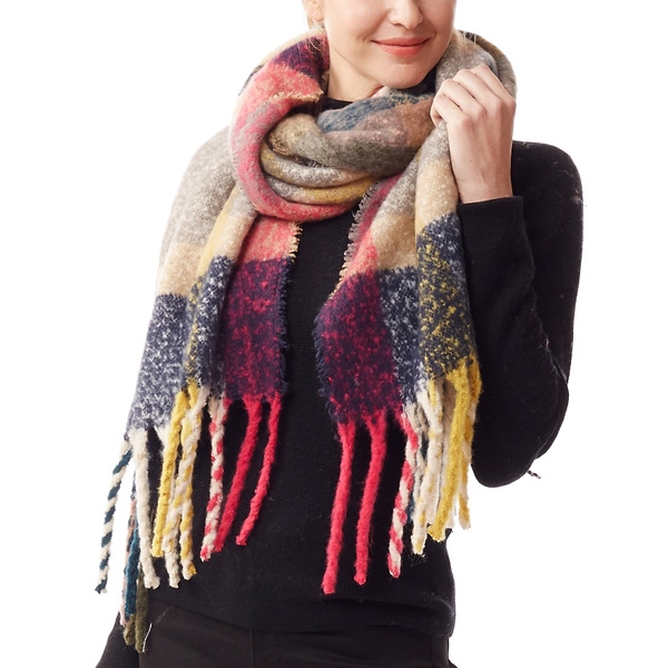 LOF1239-1 NAVY  MULTI COLOR SQUARE BLANKLET SCARF