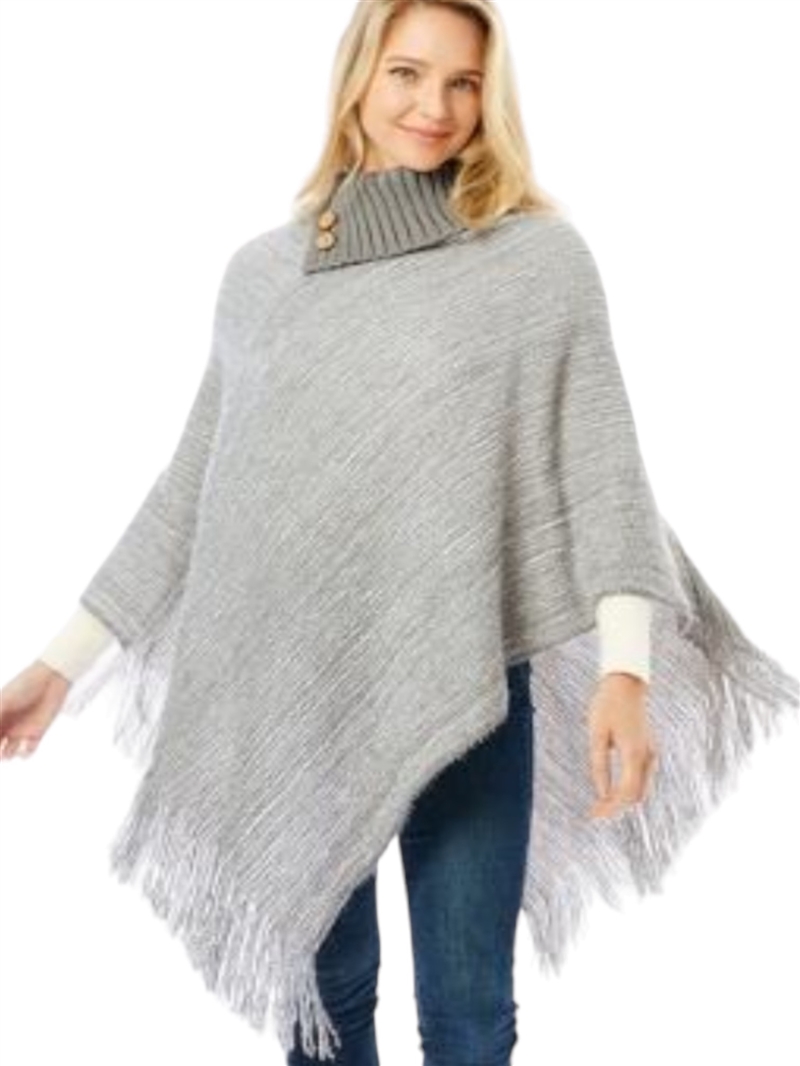 LOF1303 GREY KNITTED FOLDOVER BUTTON COLLAR PONCHO