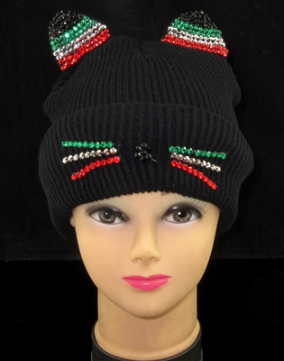 LOH160 RHINESTONE KITTY EARS X-MAS BEANIE HAT