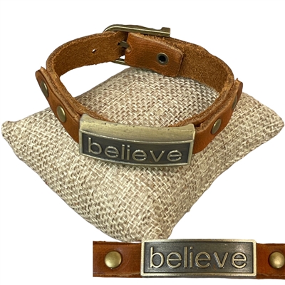 LW002 ''BELIEVE '' STAINLESS  STEEL BAR LEATHER BRACELET