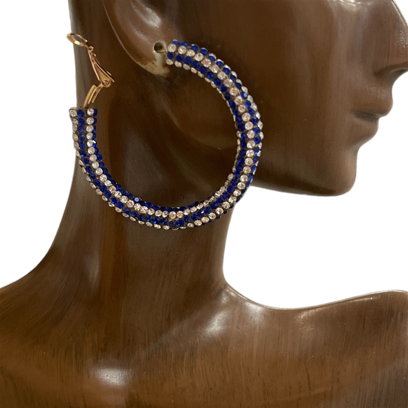 M017B  BLUE WHITE RHINESTONE MEDIUM HOOP EARRINGS