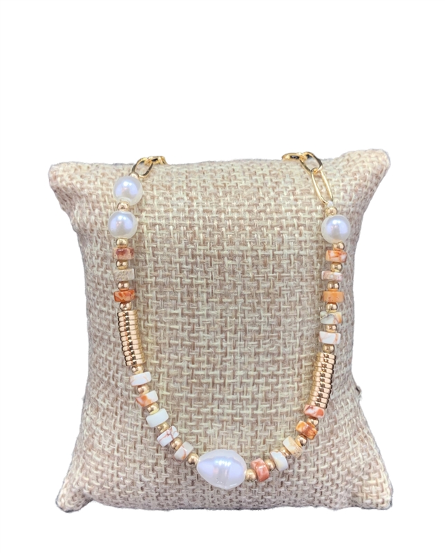 MA0046 GOLD PAPER CLIP PEARL MULTI BEADED ANKLET