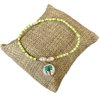 MB7871G GREEN BEADED PALM TREE CHARM BRACELET