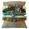 MB90111 GREEN WOOD & TURQUOISE MULTI BEADED 5 PCS BRACELET SET