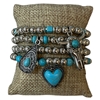 MB90119 TURQUOISE & SILVER HEART MULTI CHARMS BEADED 4 PCS BRACELET SET