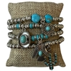 MB90121 TURQUOISE & SILVER WESTERN MULTI CHARMS BEADED 4 PCS BRACELET SET