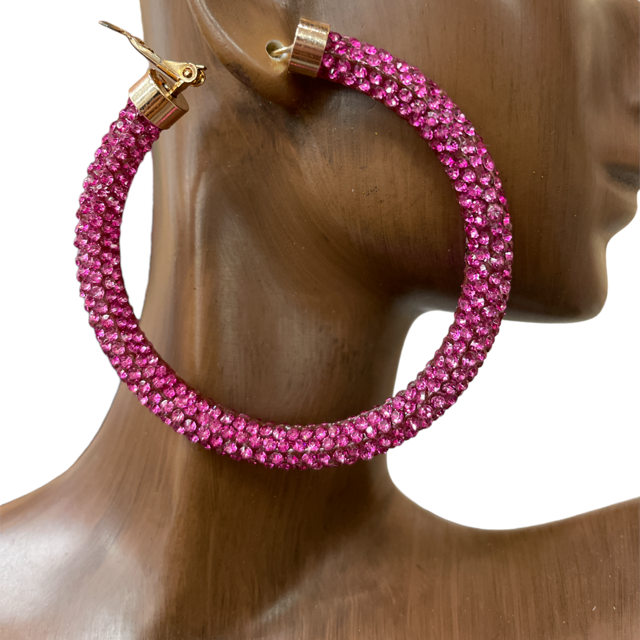 ME01HP LARGE HOT PINK LARGE RHINESTONE HOOP EARRINGS