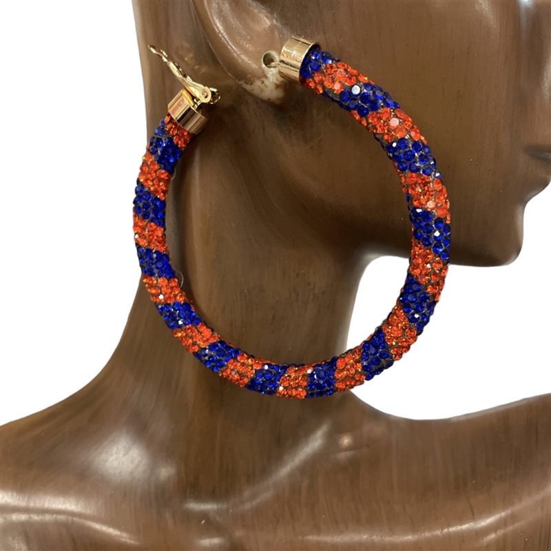 ME01OB  ORANGE BLUE LARGE RHINESTONE HOOP EARRINGS