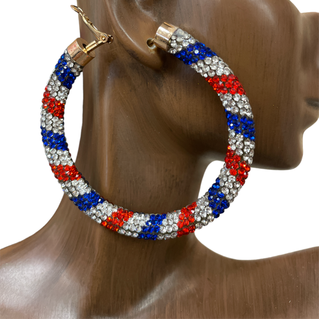 ME01BW LARGE  RED & BLUE LARGE RHINESTONE HOOP EARRINGS