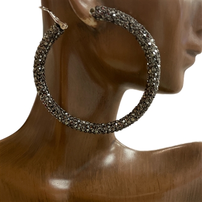 ME05H HEMATITE RHINESTONE LARGE HOOP EARRINGS