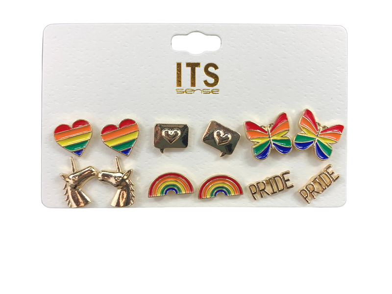 ME10664 GOLD ANTIQUE RAINBOW PRIDE SMALL STUD EARRINGS SET OF 6 PAIRS