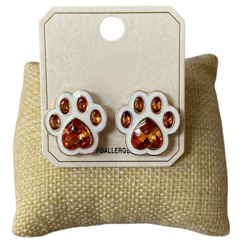 ME11273 ORANGE AND WHITE PAW CRYSTAL STUD EARRINGS