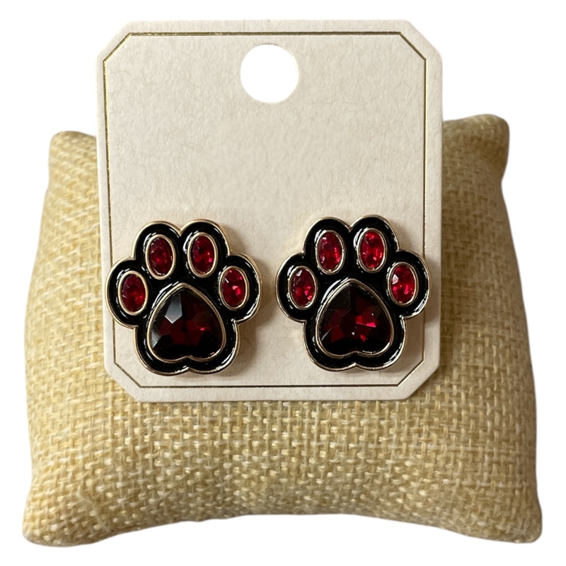 ME11273 RED AND BLACK PAW CRYSTAL STUD EARRINGS