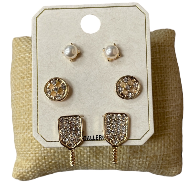 ME11442 PICKLEBALL 3 PAIR SET RHINESTONE STUD EARRINGS