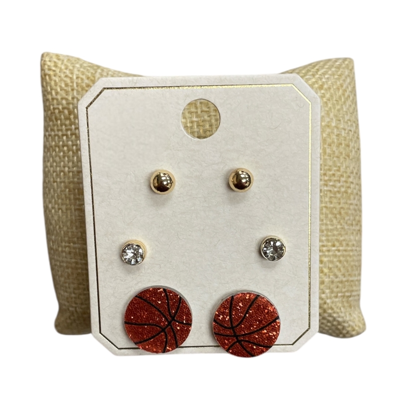 ME11610BK SMALL BASKET BALL 3 PAIR STUD SET