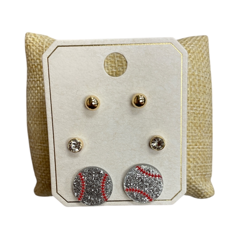 ME11610BSB SMALL BASEBALL 3 PAIR STUD SET