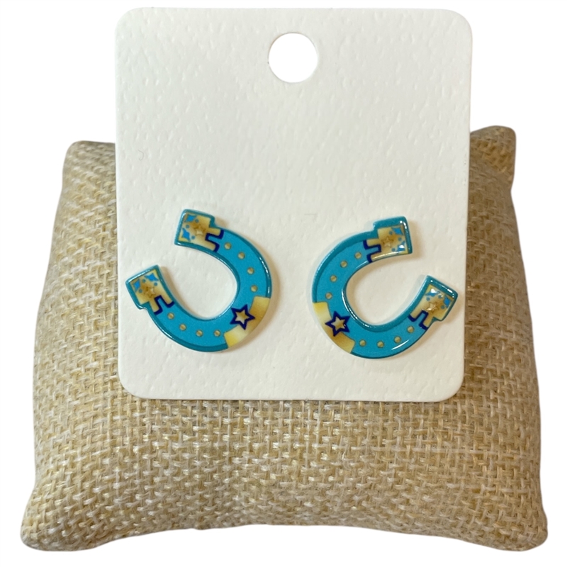 ME20317 TURQUOISE ACRYLIC HORSE SHOE STUD EARRINGS