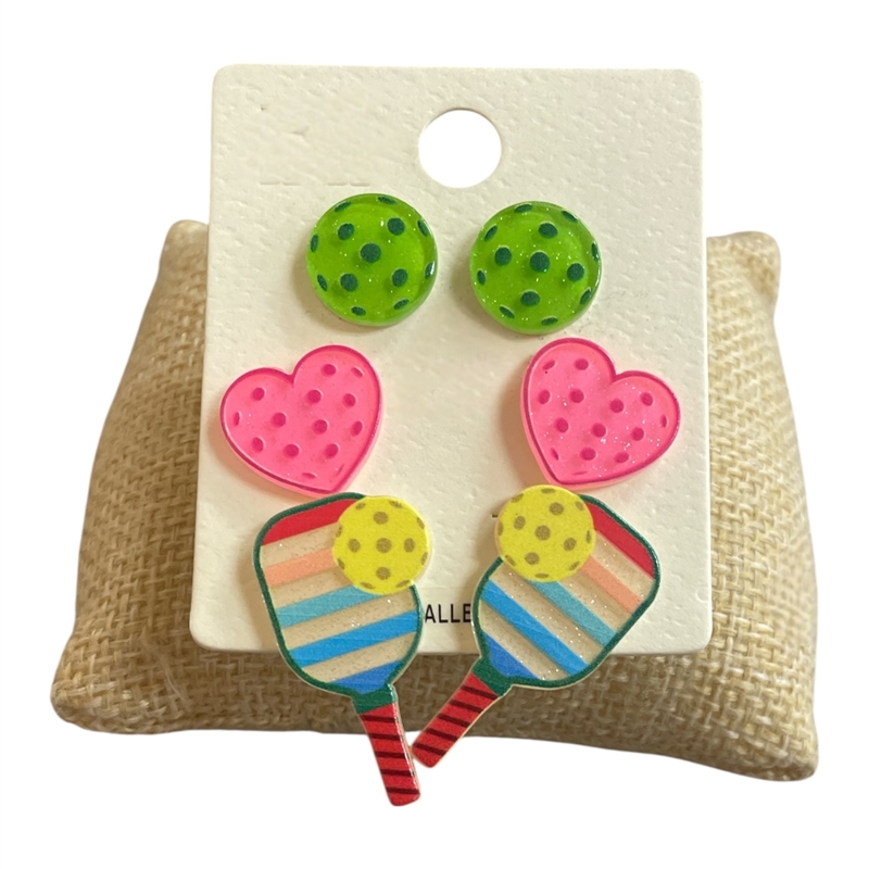 ME20657 PICKLE BALL STUD EARRINGS 3 PAIR SET