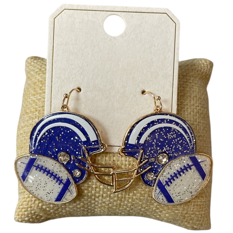 ME21120 BLUE AND WHITE FOOTBALL HELMET ENAMEL EARRINGS