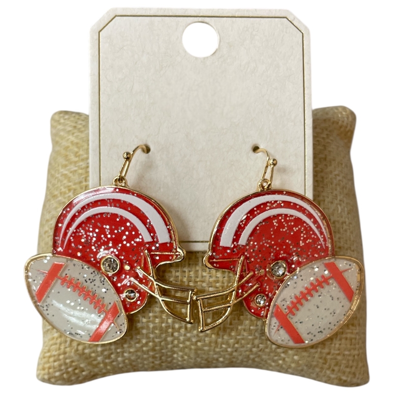 ME21120 ORANGE AND WHITE FOOTBALL HELMET ENAMEL EARRINGS