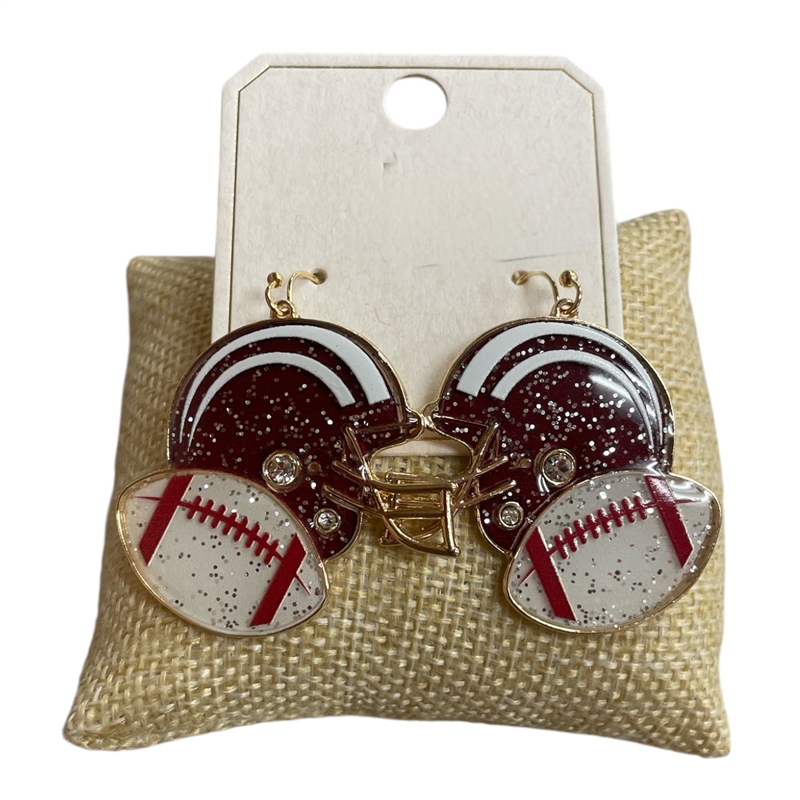 ME2112B  BURGUNDY  FOOTBALL HELMET ENAMEL EARRINGS