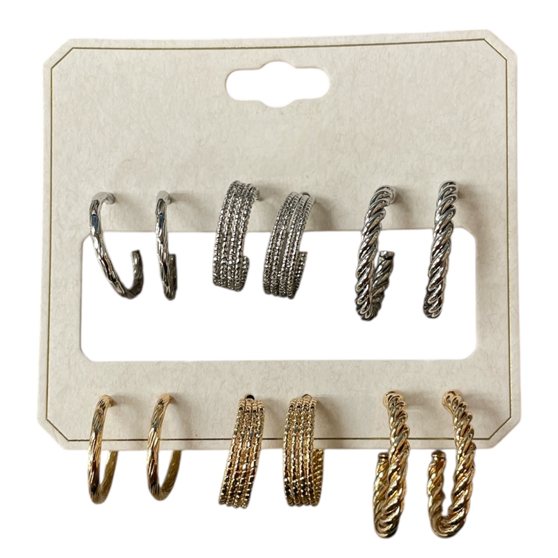 ME21192  SMALL TEXTURED MULTI 6 PAIR SET HOOP EARRINGS