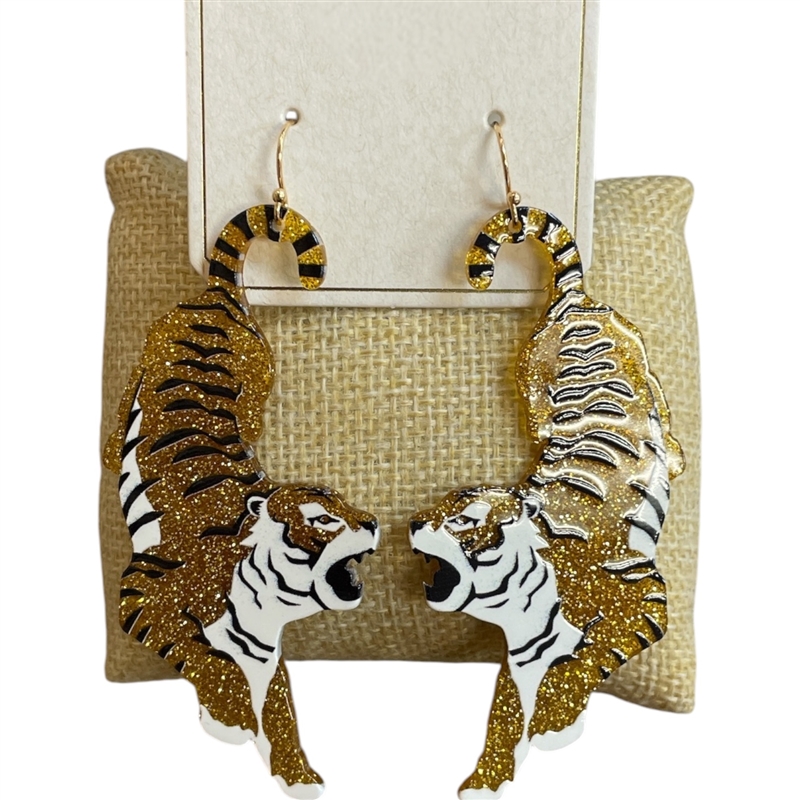 ME21196 GOLD AND BLACK ACRYLIC TIGER DANGLE EARRINGS