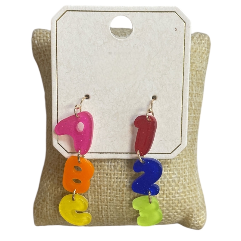 ME21223 ACRYLIC "ABC-123" COLORFUL DANGLE EARRINGS
