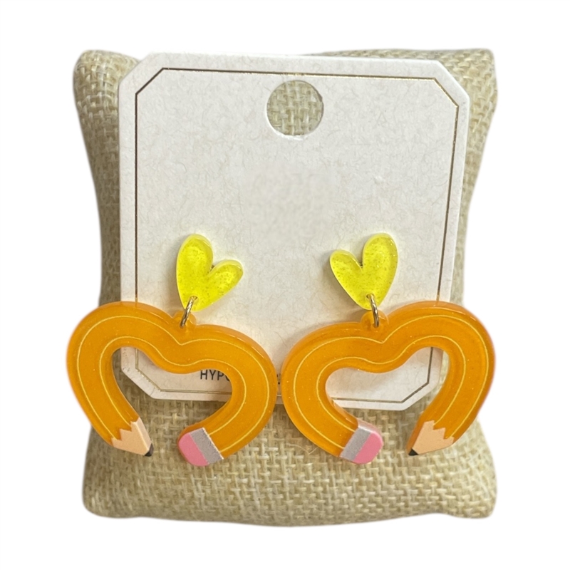 ME21225 ACRYLIC YELLOW HEART PENCIL POST EARRINGS