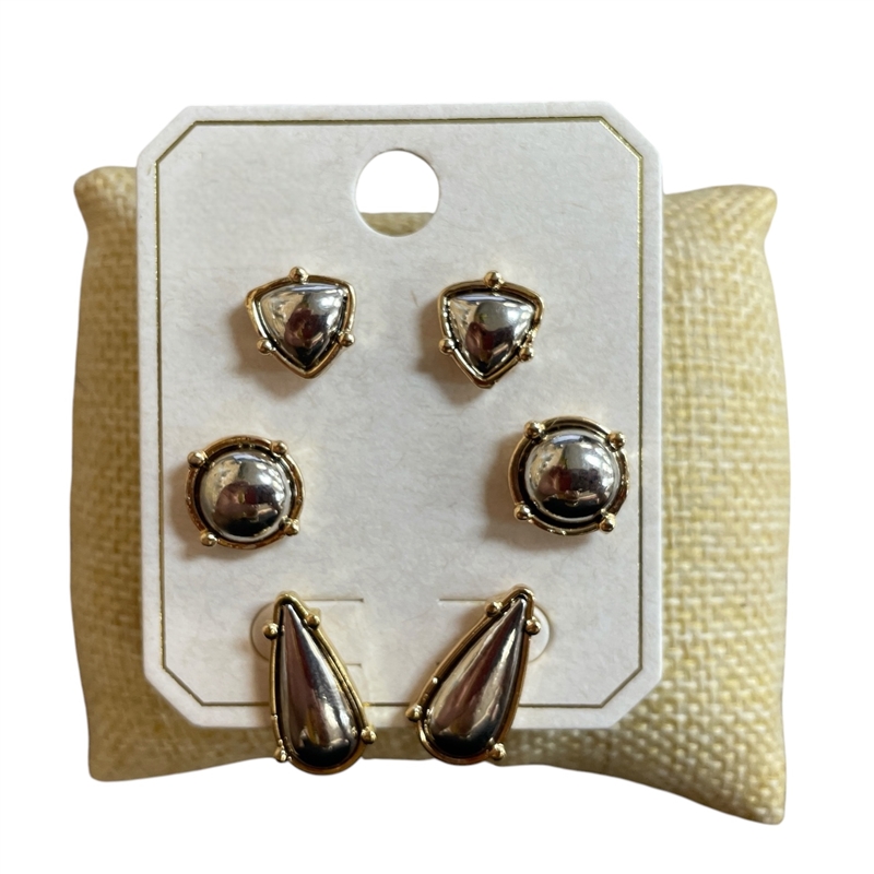 ME21413G SHINY GOLD & SHINY SILVER MULTI STUD 3PC SET EARRINGS