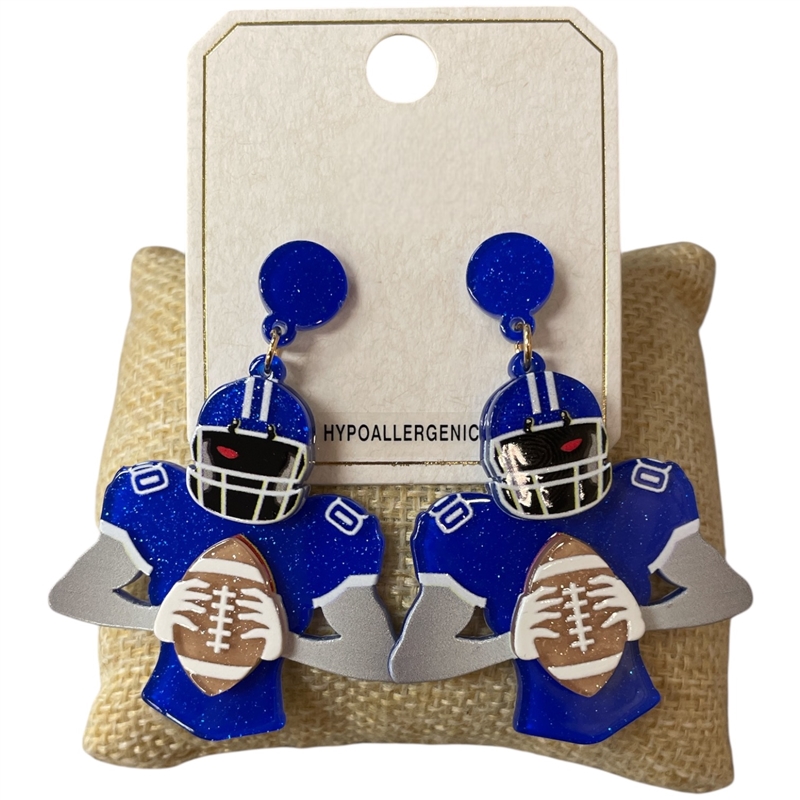 ME21439 BLUE AND WHITE FOOTBALL PLAYER EARRINGS