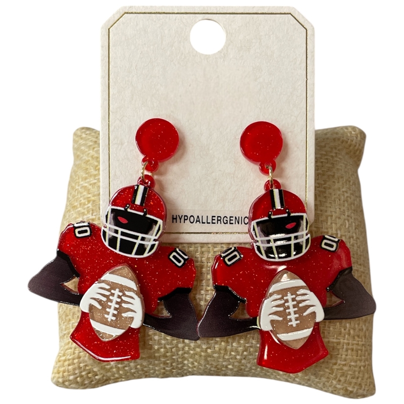 ME21439 RED AND WHITE FOOTBALL PLAYER EARRINGS