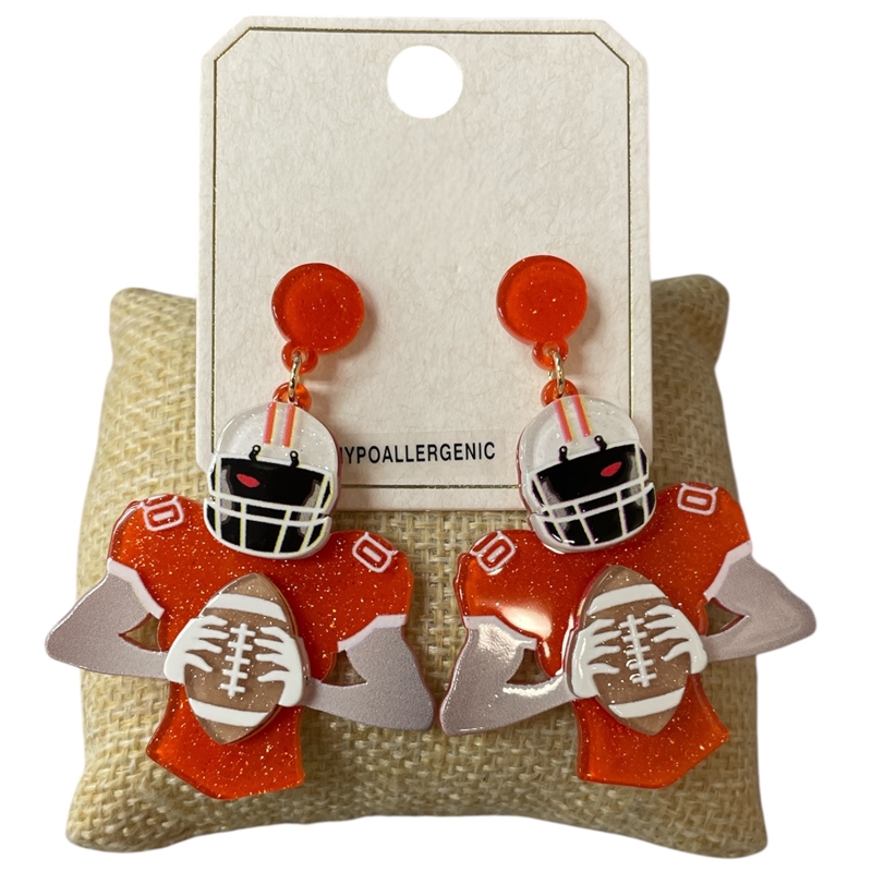 ME21439 ORANGE AND WHITE FOOTBALL PLAYER EARRINGS