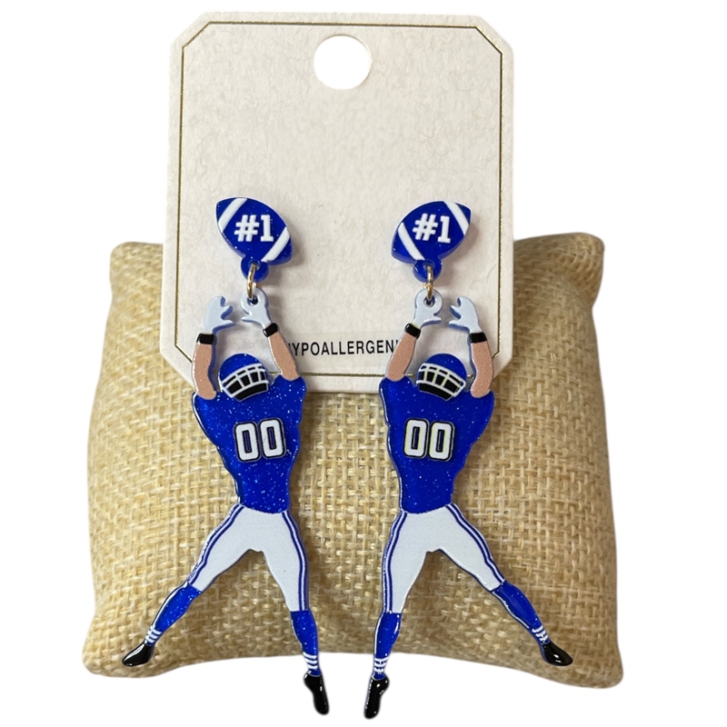 ME21440 BLUE AND WHITE FOOTBALL PLAYER EARRINGS