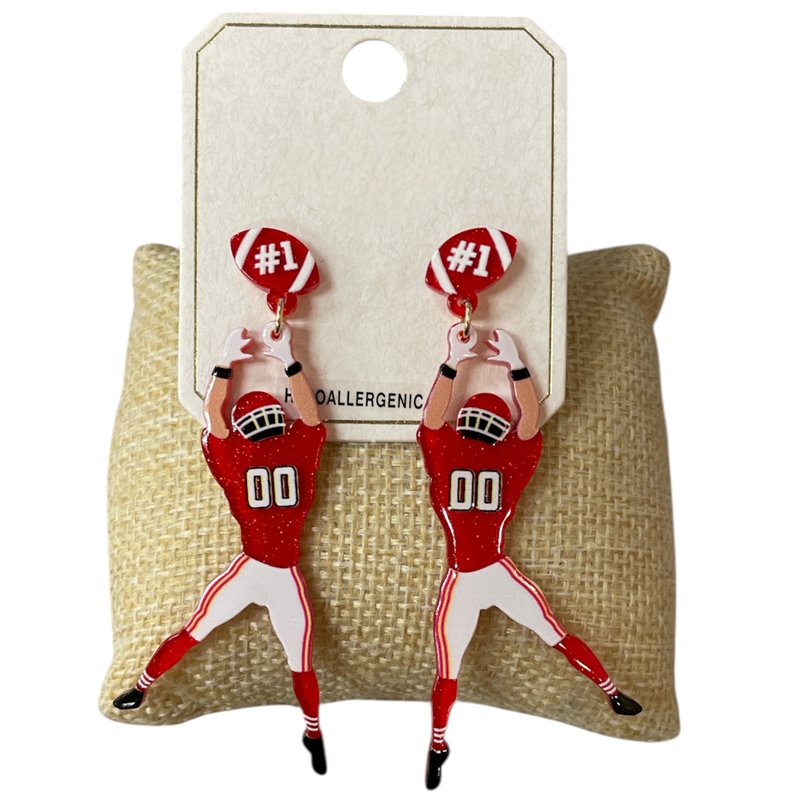ME21440 RED AND WHITE FOOTBALL PLAYER EARRINGS