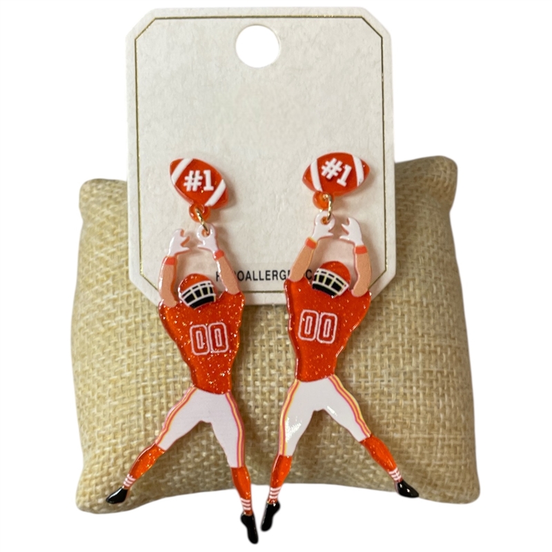 ME21440 ORANGE AND WHITE FOOTBALL PLAYER EARRINGS