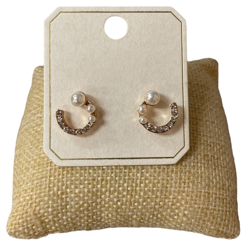 ME21501 SMALL HORSE SHOE PEARL & RHINESTONE STUD EARRINGS