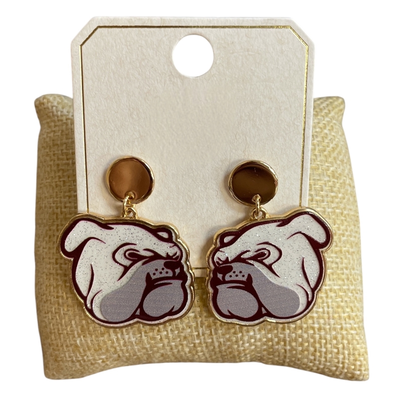 ME21558M BURGUNDY & GOLD MS BULLDOG POST DANGLE EARRINGS