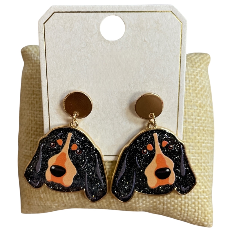 ME21558V BLACK & GOLD TN HOUND DOG POST DANGLE EARRINGS