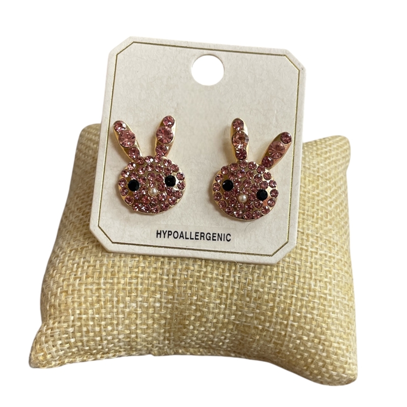 ME21604  RHINESTONE PINK  BUNNY STUD EARRINGS