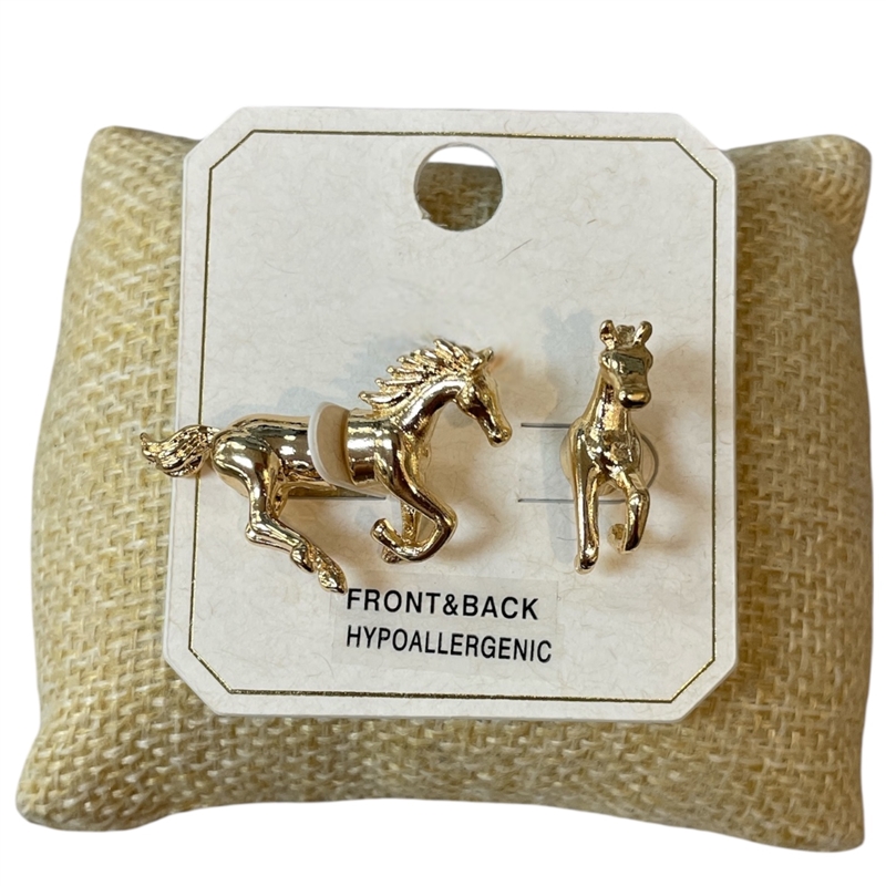 ME21697 GOLD FRONT & BACK HORSE STUD EARRINGS