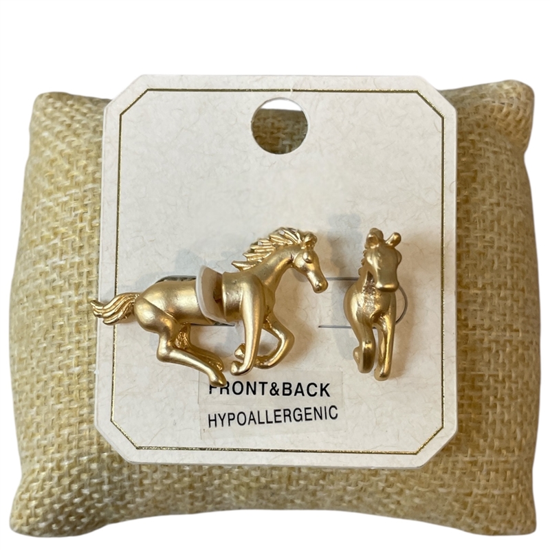 ME21697G MATTE GOLD FRONT & BACK HORSE STUD EARRINGS